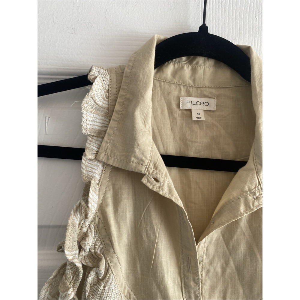 Pilcro Sleeveless Babydoll Blouse Womens Size XS Tan Plaid Ruffle Cotton Boho - Picture 3 of 7